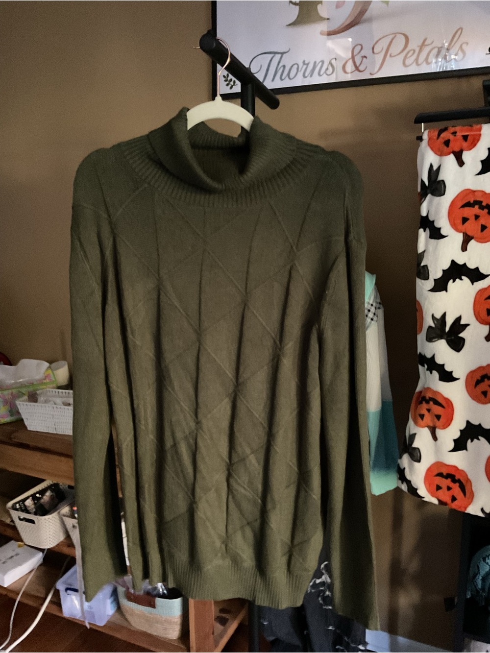 Olive Green Women's Cable-Knit Turtleneck Sweater
